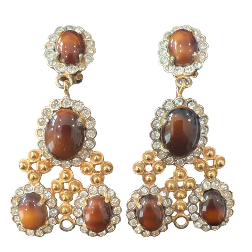 Vtg KJL Chandelier Earrings Clip on Brown Cabochon Rhinestone Dangle 60's